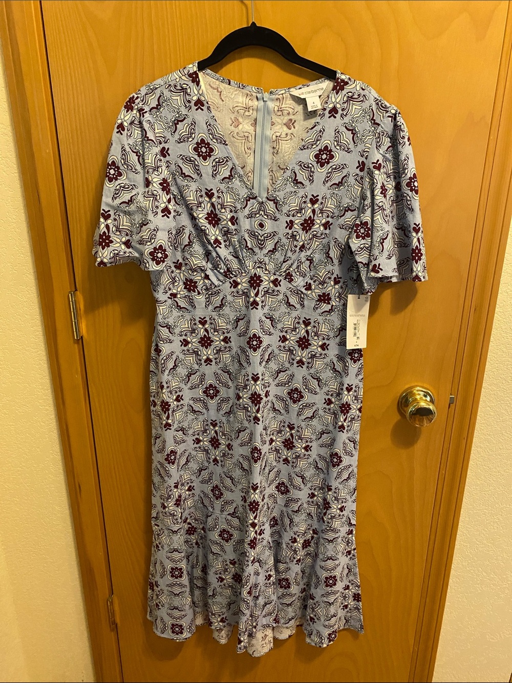 Liz Claiborne Blue Midi Dress with Burgundy Floral Print